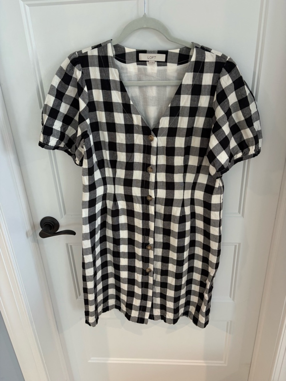 LOFT Black & White Gingham Button-Down V-Neck Dress